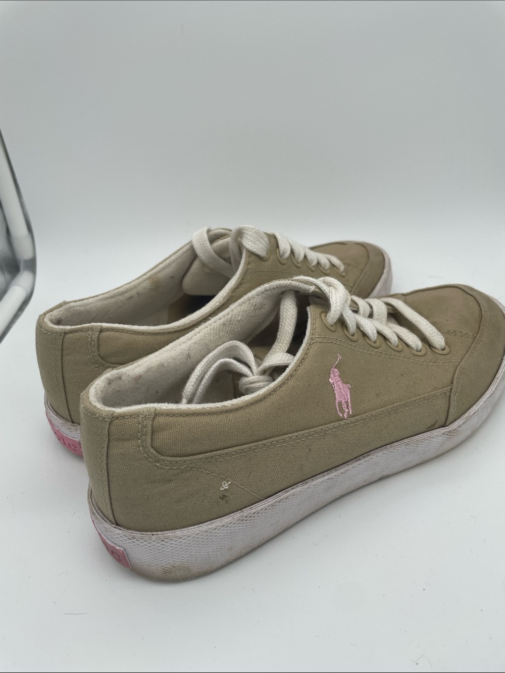 Polo by Ralph Lauren Tan Canvas Low-Top Sneakers with Pink Pony
